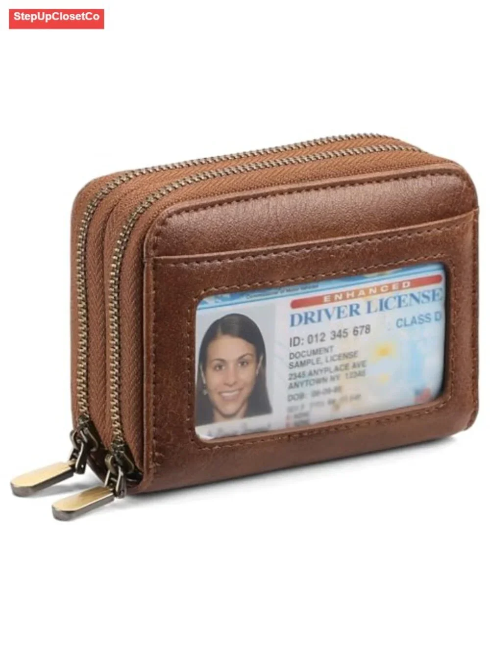 Vegan Leather RFID Blocking Double Zipper Wristlet Card Holder with ID Window